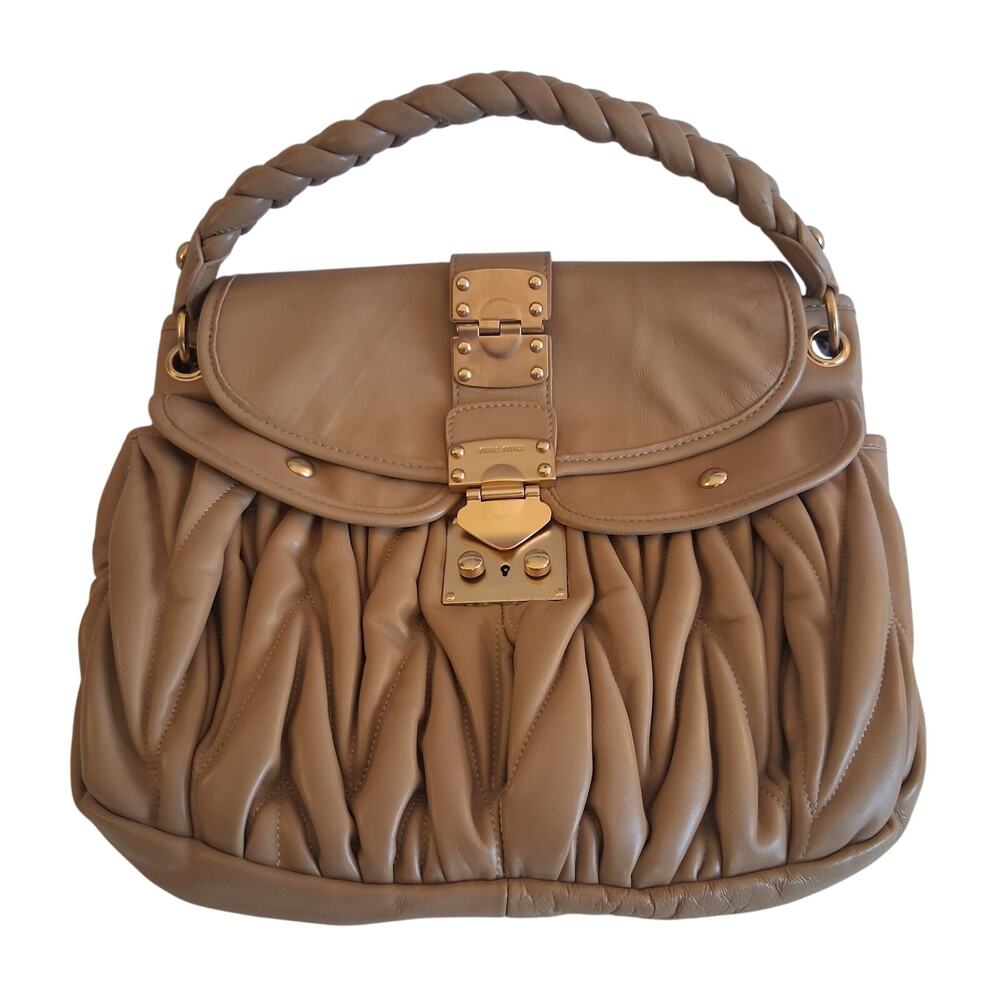 Miu Miu Matelassé Coffer Hobo Beige Bag Quilted Leather Braided Top Handle